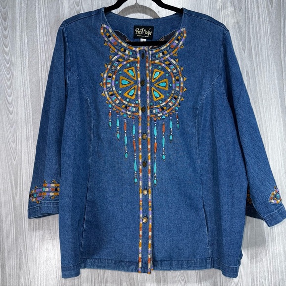 Bob Mackie Tops - Bob Mackie Denim Top with Colorful Embroidery
